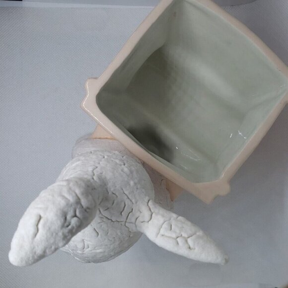 Vintage Planter Bunny Pulling Cart White Rabbit Ceramic Plant Accessory Easter - Picture 6 of 13